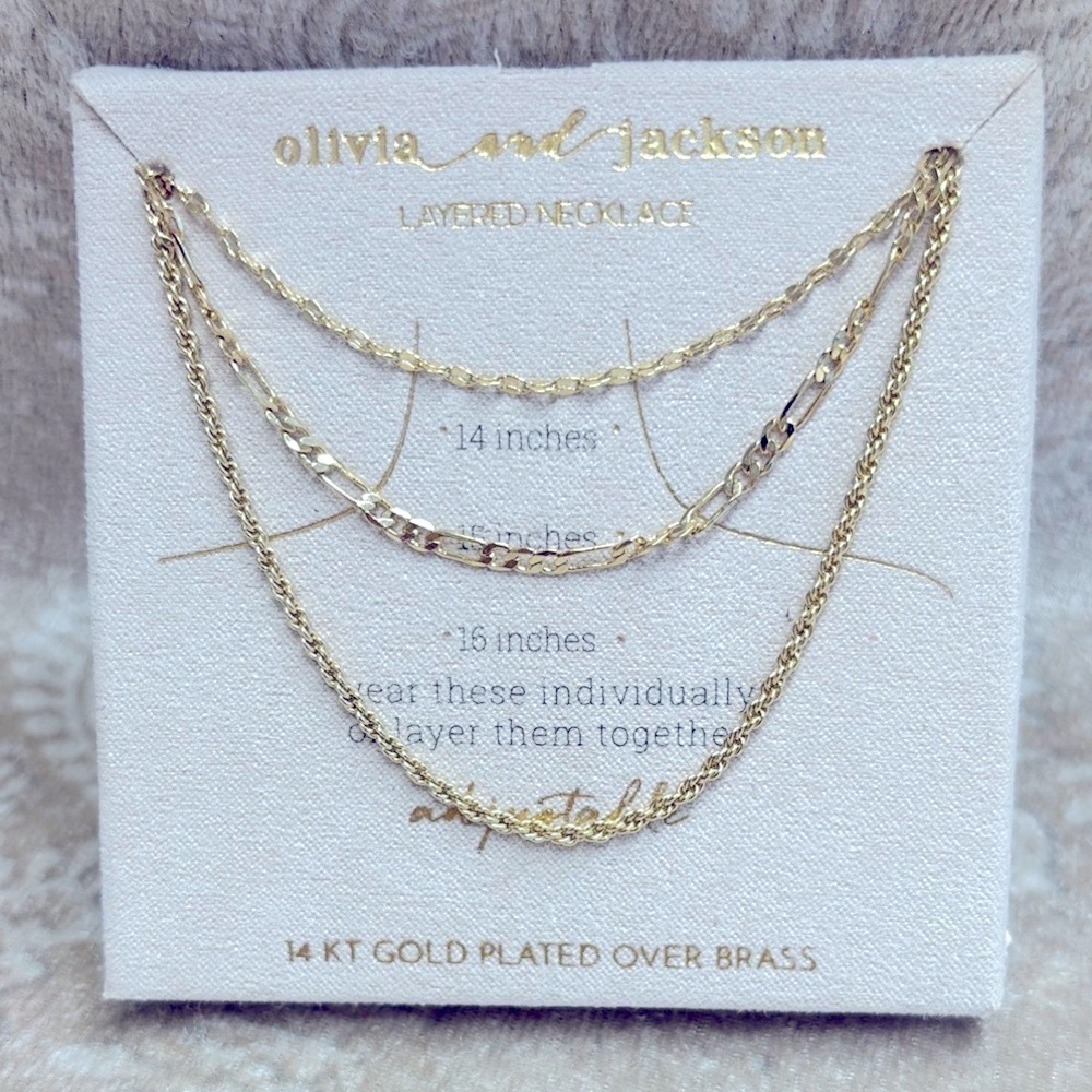 Brand New Olivia and Jackson 14K Gold Plated Layered Necklace Set Adjustable